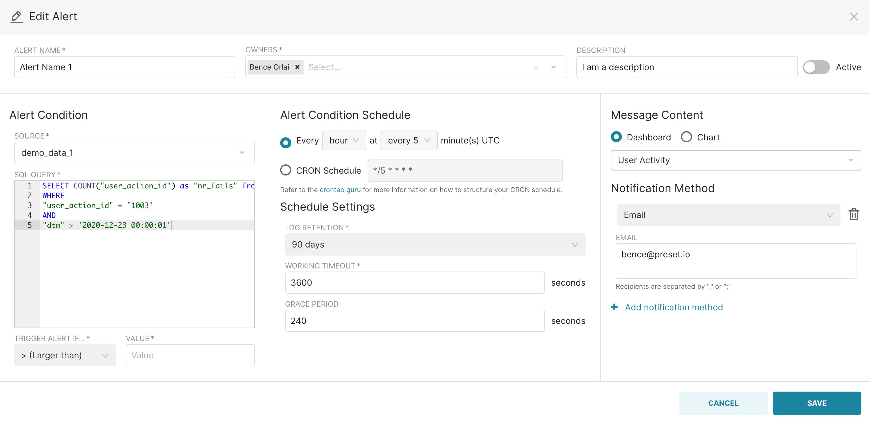 Alerts and Reports Edit UI