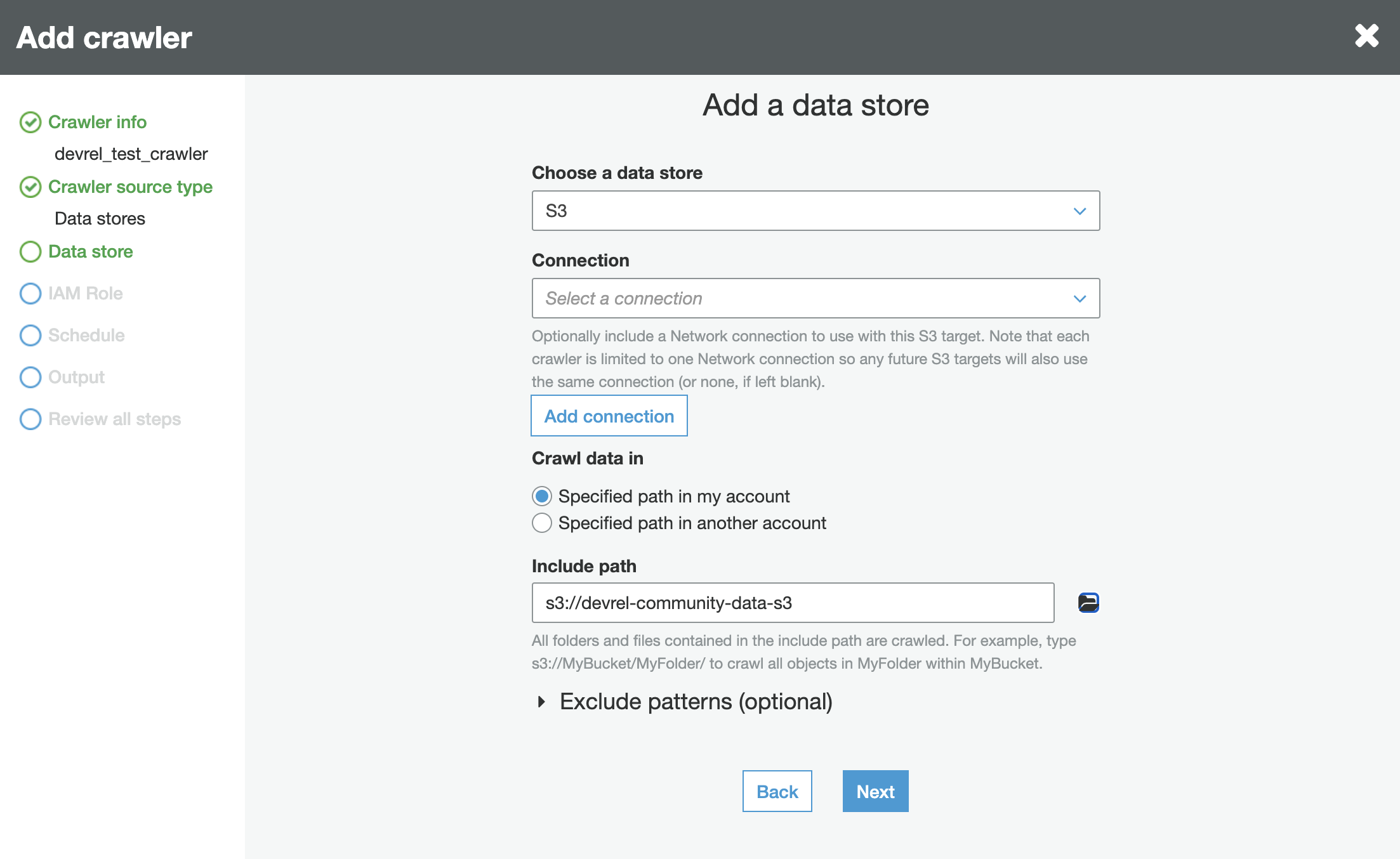 glue crawler data store