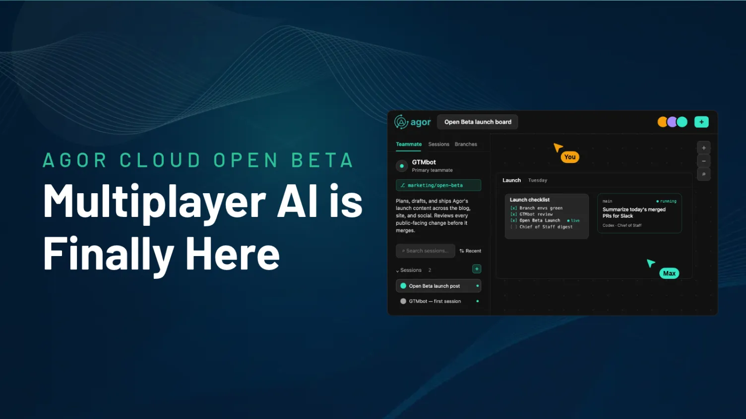 Agor Cloud Open Beta: Multiplayer AI is Finally Here, with a stylized Agor board showing an AI teammate, a launch checklist, and collaborators' cursors.